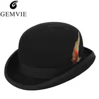 GEMVIE 4 ขนาด 100% ผ้าขนสัตว์สีดำ Derby Bowler หมวกสำหรับผู้ชายผู้หญิง Feather ซาตินซับ Casual อย่างเป็นทางการ Fedora