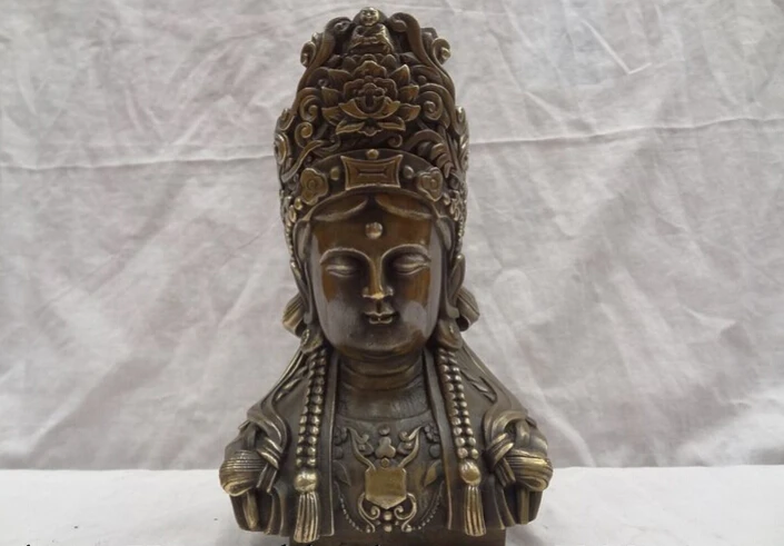 

song voge gem S3158 8" Chinese Bronze Buddhism Joss Kwan-Yin Quan Yin Buddha Head Statue Sculpture