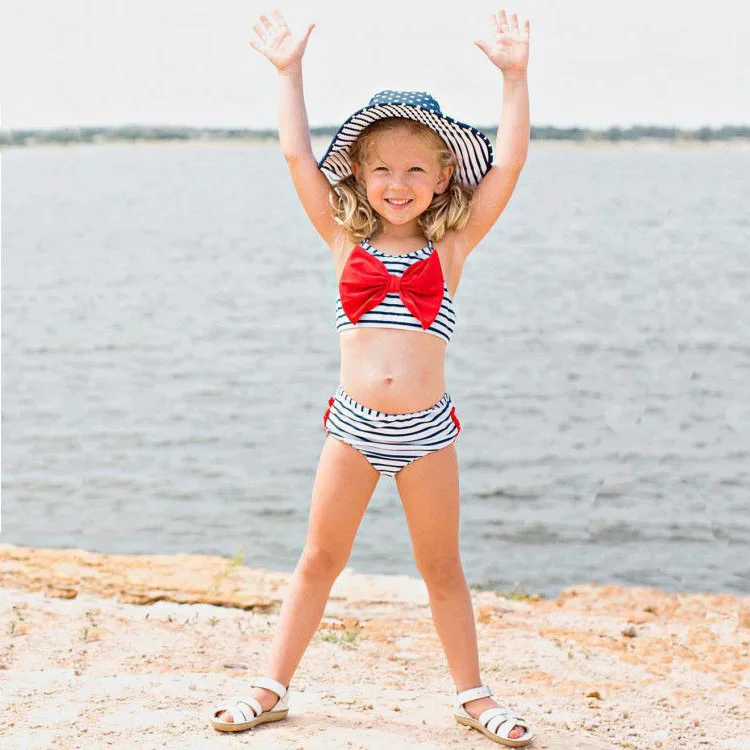 

OKLADY Baby Girl Swimsuit Set Striped Bow Cotton Slings Girls Swimsuit Two Piece Bikini Kid Swimming Wear Cute Sweet Swim Suit