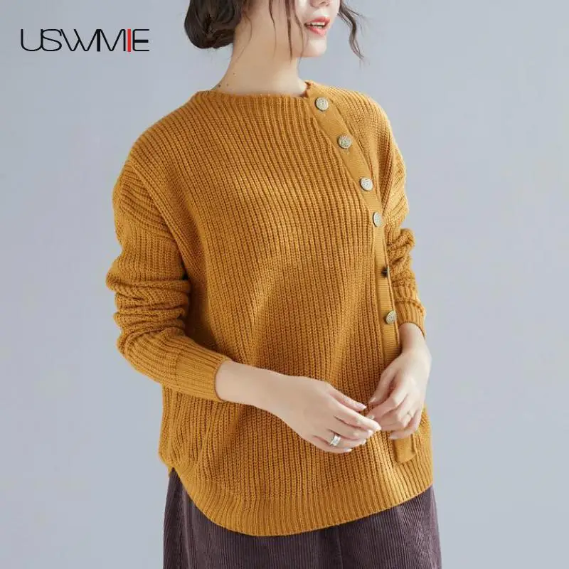 

2019 Early Spring Sweater Women Fashion Simple joker Oblique Button Knitted Solid Color Round Collar Long Sleeve Pullover USWMIE