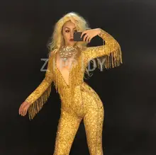 Sparkly Gold Stones Tassel Jumpsuit Rhinestones Sexy Bodysuit Female Singer Evening Stage Wear Women's Birthday Celebrate Outfit sparkly gold crystals pink pearls jumpsuit stones stretch bodysuit women s birthday celebrate sexy stage costume leggings