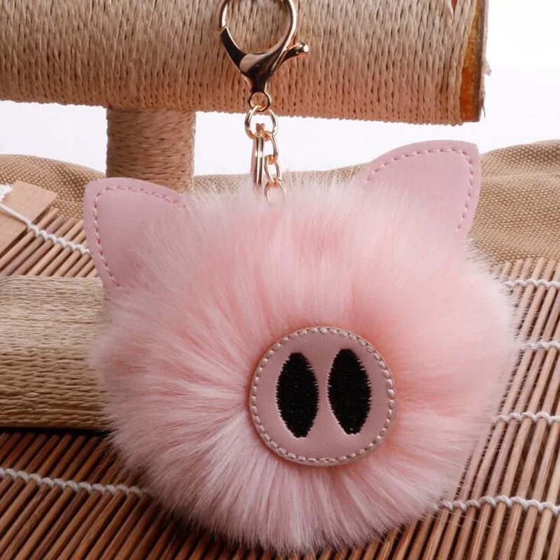 

QiYuFang Cute Piggy Pompom Bunny Keychain llavero pom pom Key Chain Rabbit Fur Ball Bag Chaveiro Pompon Women Car Bag Keychains