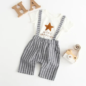 

Boys Summer New Clothing Set Baby Boys Short Sleeve Letter Print Tops T-shirt Strap Striped Shorts Toddler Casual Outfits Sets