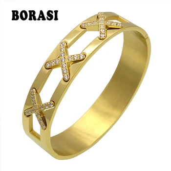 

Latest design Luxurious Jewelry X Bracelets Cross CZ rhinestone Paved Cuff Bangle For Women Gold Color Fashion Wrist Jewelry