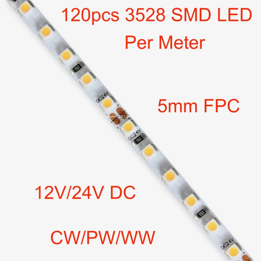 5 мм факсимильный ПК, изящные гибкие SMD светодиодный полосы светильник, 120 шт. 3528/3014/2835 SMD СВЕТОДИОДНЫЙ s на метр AC/DC 12 V/24 V, 5 м рулон/лот