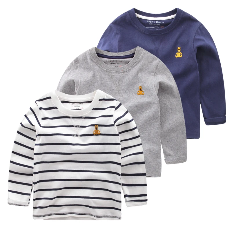 Baby Boy Embrodiery Long Sleeve T-shirt Striped Cotton Crew Neck Spring/Autumn Kid Top Casual Children Clothing | Детская одежда и