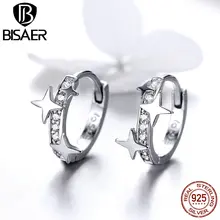 BISAER,, 925 пробы, серебряные светящиеся серьги-гвоздики со звездами для женщин, круглые, Круглые, со звездами, Женские Ювелирные изделия, Brincos EFE076
