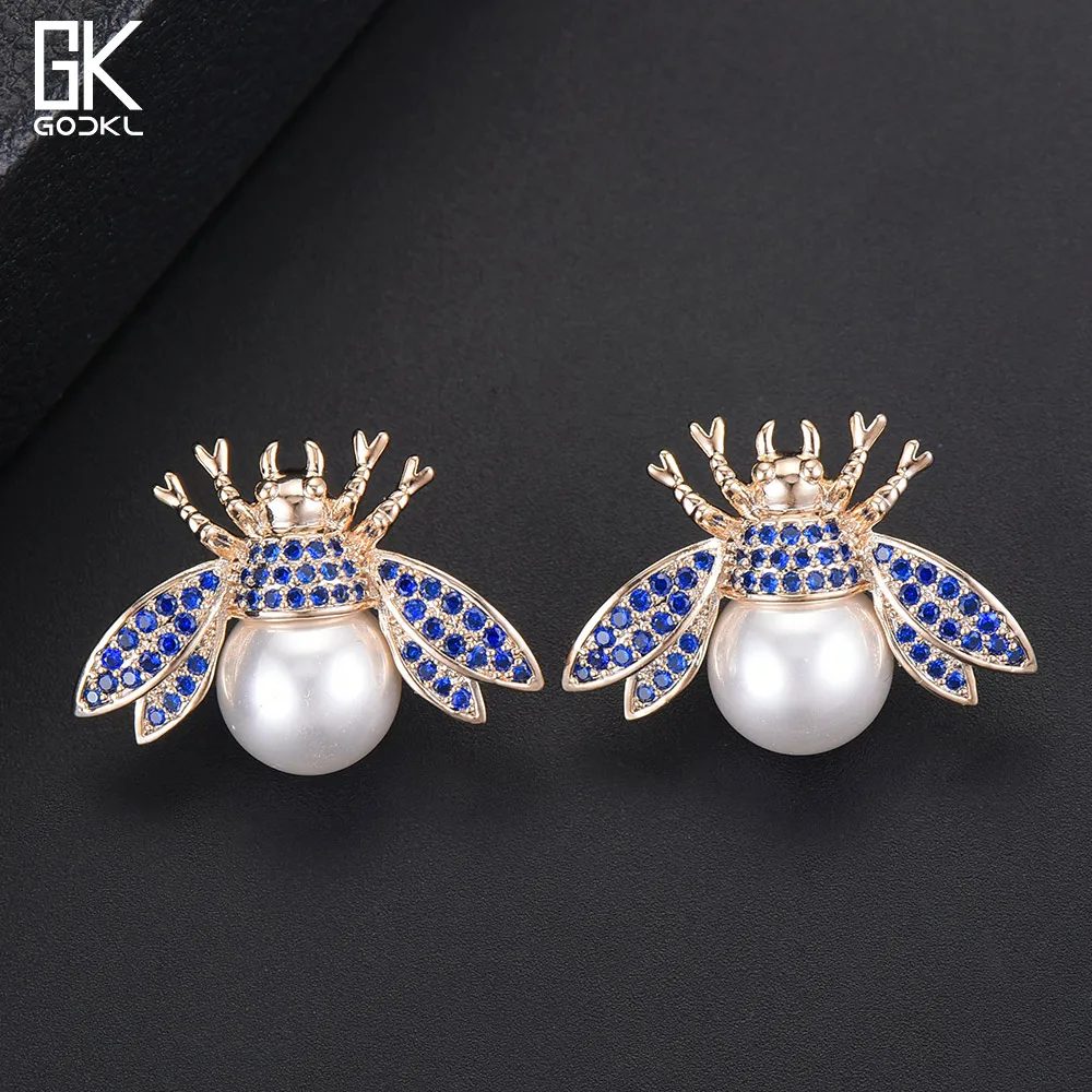 GODKI Модные Винтажные насекомые имитация жемчуга Серьги гвоздики для женщин Свадебные кубический циркон панк рок ретро круг серьги пирсинг