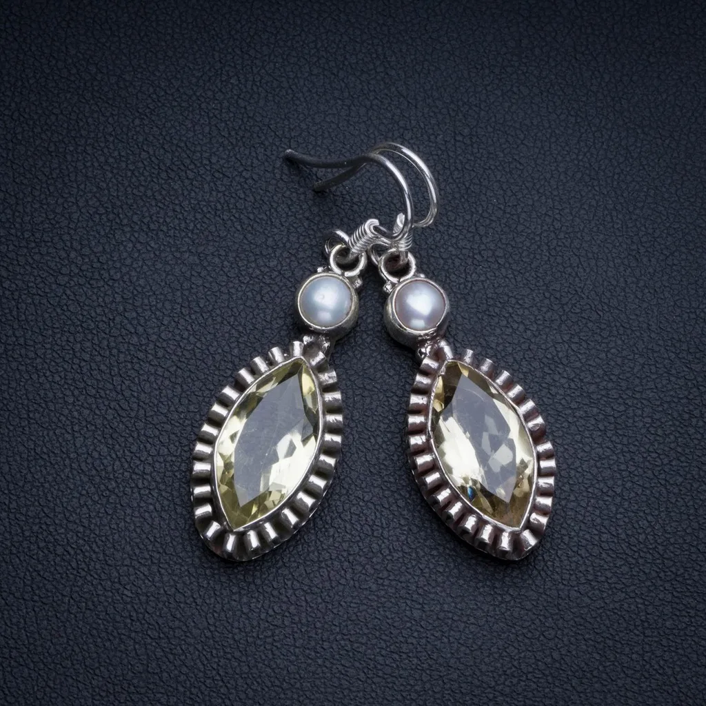 

Natural Citrine and River Pearl Bohemian 925 Sterling Silver Drop Earrings 1 1/2" R2331