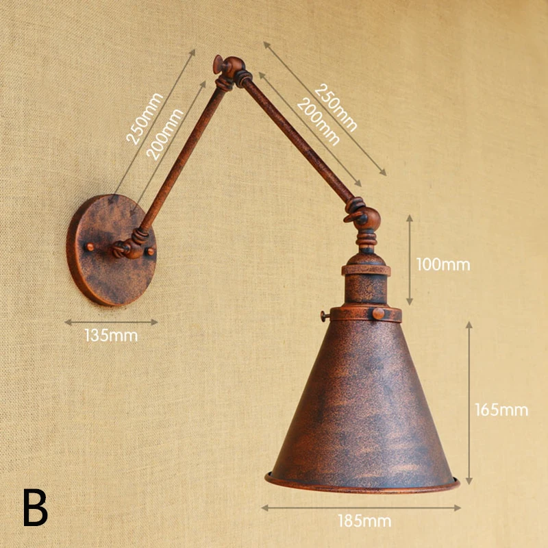 Винтаж Лофт Металл 220 В настенный светильник E27 светодио дный лампы регулируется 4 размера лампа arm промышленности гладить абажур для