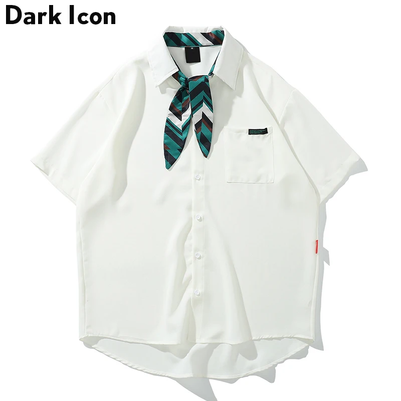 Темная икона, одноцветная Мужская рубашка с отложным воротником, с цветным контрастным галстуком,, летние уличные рубашки, мужские, черные, белые
