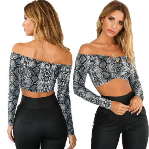 

Autumn new 2019 off shoulder crop top hot sale long sleeve snake print short t shirts for women clothing fashion slim streetwear