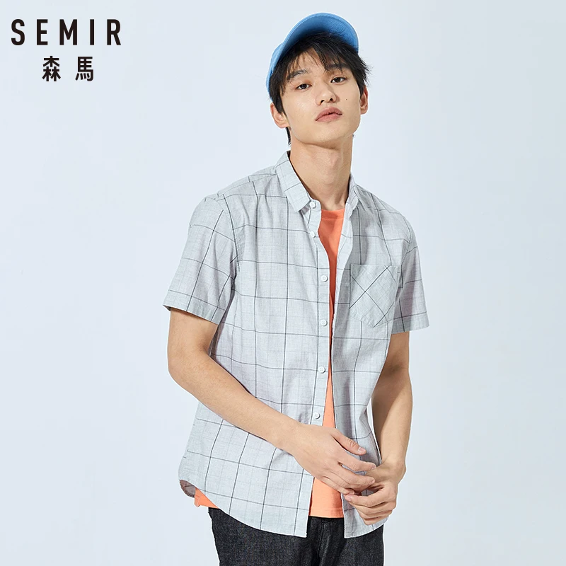 SEMIR, летняя новая мужская рубашка с коротким рукавом, контрастная, цветная, в клетку, с карманом, с отворотом, хлопковая рубашка, ins tide, мужская, тонкая