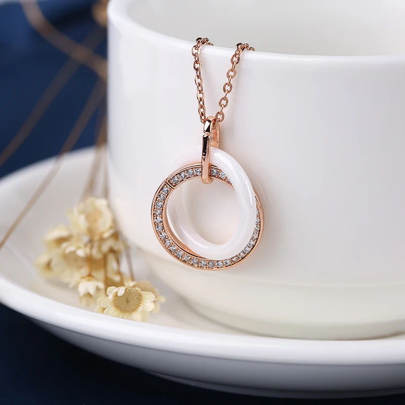 585 розовое золото, двойная круглая подвеска, ожерелье с одним рядом кристаллов, здоровое удобное керамическое женское ожерелье, подарок на помолвку