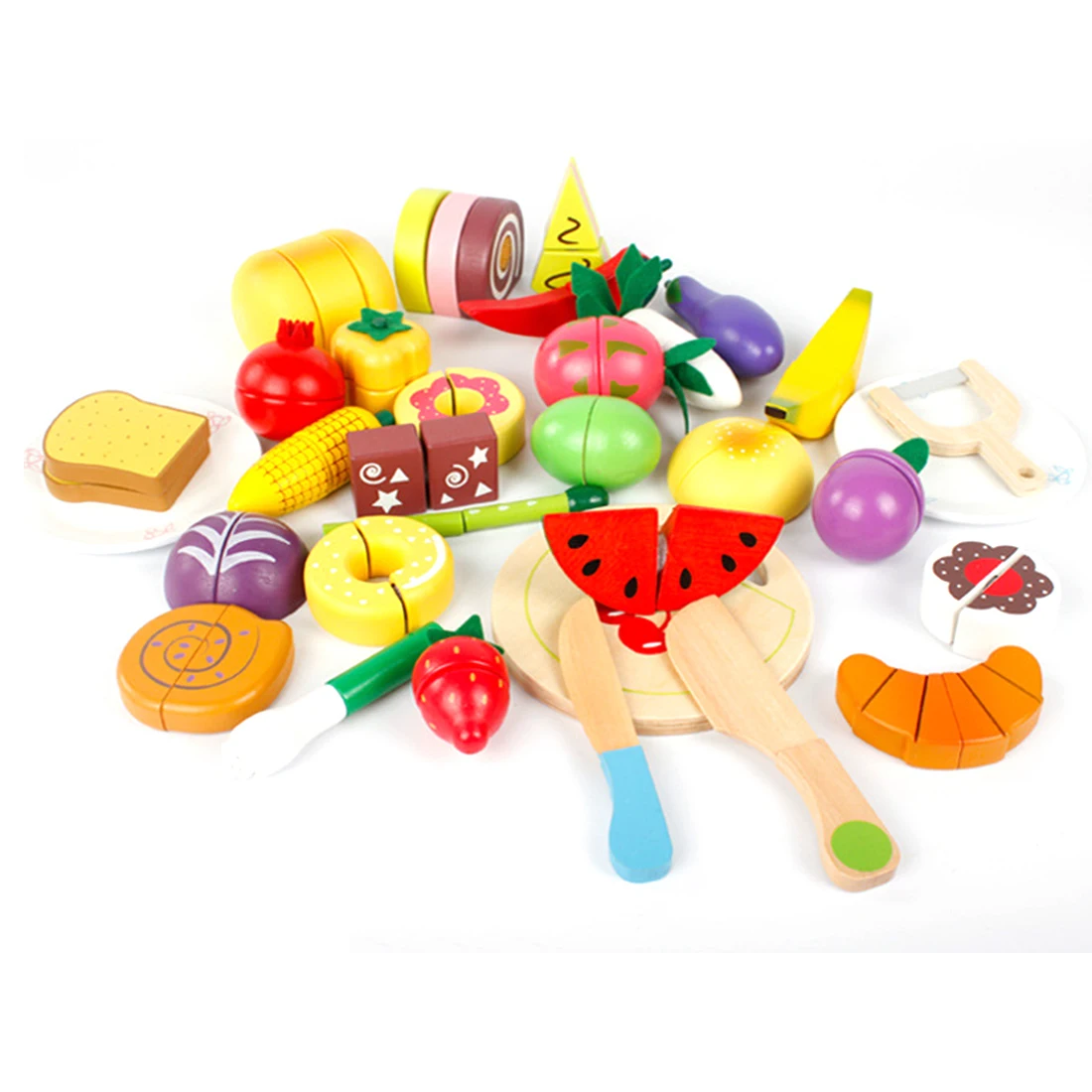 

Rowsfire 32pcs/set Wooden Fruit Vegetables Cutting Toy Early Development Educational Wooden Toys For Children Color Random