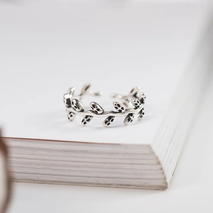 

Genuine 925 Sterling Silver Rings for Women Plant Leaf Design Open Adjustable Ring Thai Silver Vintage Jewelry Dropshipping