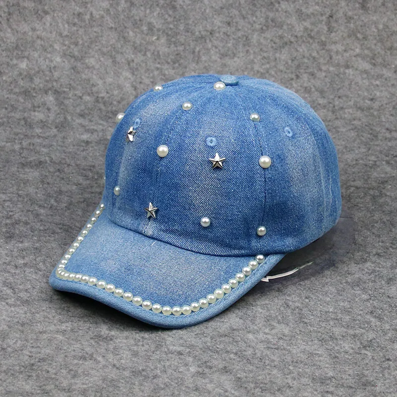 

Women‘s Jean Baseball cap Fashion Pearls Star Snapback Bone Baseball Hat for Femme Casquette Dark Blue Cap