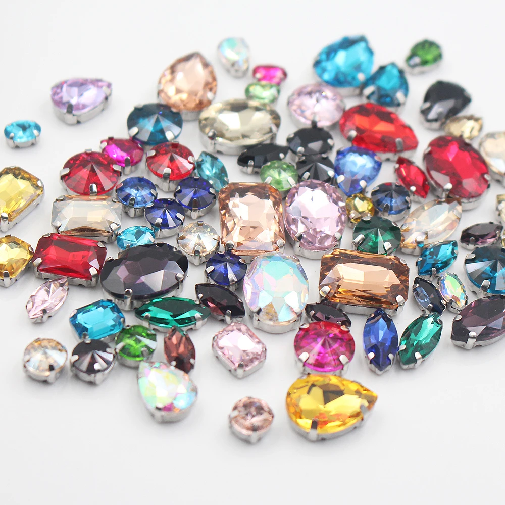 50pcs/lot Multiple Color Size Mixed Metal Base Sewing Rhinestone Glass