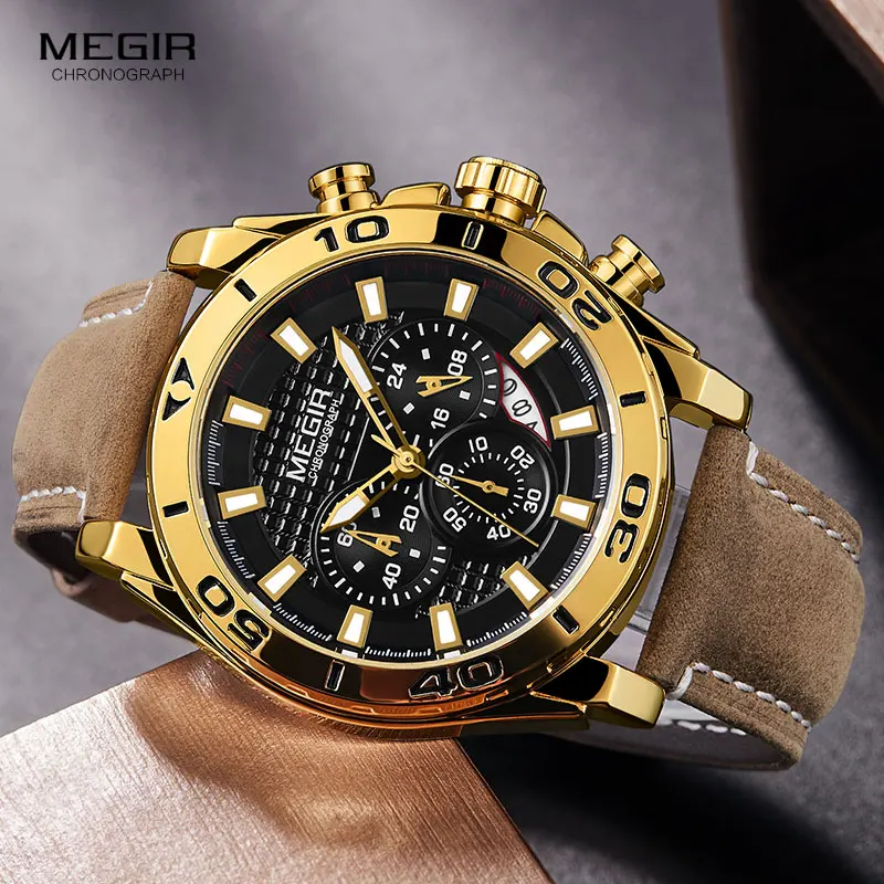 Kaufen MEGIR der Männer Lederband Uhren Wasserdicht Leucht Armee Sport Chronograph Armbanduhr Mann Relogios Uhr 2094 Gold