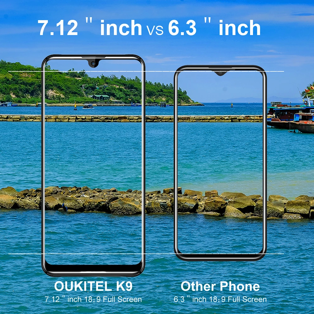 OUKITEL K9 7,1" FHD+ безрамочный экран капли воды Дисплей 6000 мА/ч, Батарея 5 V/6A Quick Charge смартфон 4 Гб 64 Гб 16MP/8MP Face ID мобильного телефона