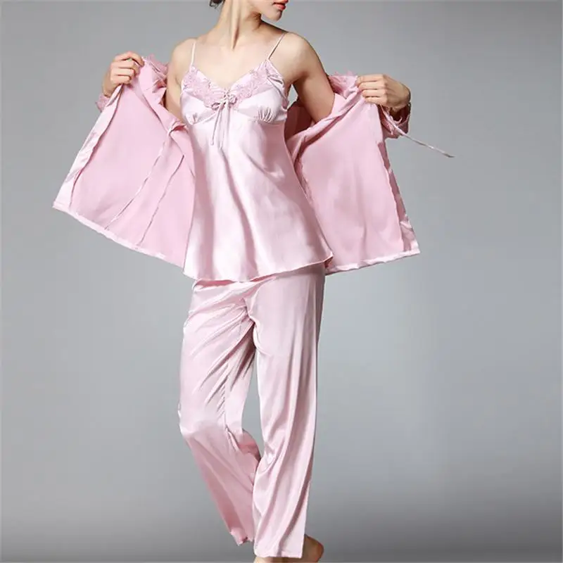 Для женщин сна Lounge 2018 Новый Осень Зима Элегантный s Шелковый Атлас 3 предмета пижамный комплект пижамы для девочек