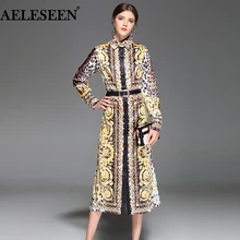 AELESEEN Vintage Runway Dress Women Summer Fashion Sashes Mid-Calf Plus Size XXXXL Split Luxury Leopard Print Dress