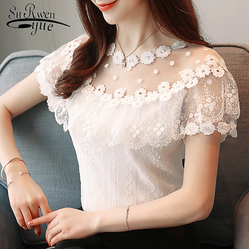

Sexy hollow lace women blouse shirt fashion 2019 new short sleeve summer women tops floral lace women's clothing blusas 0051 30