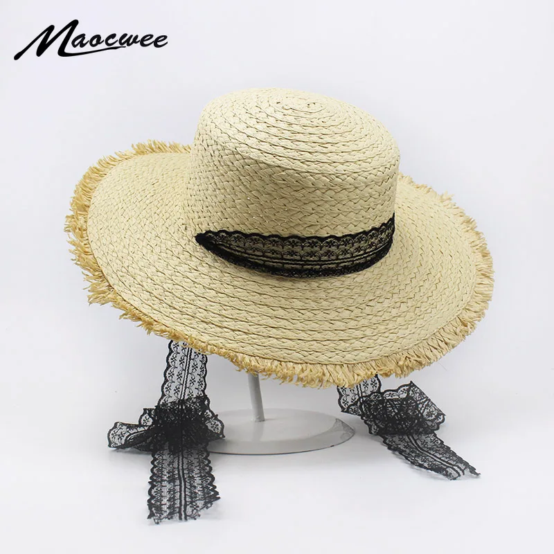 Summer Boater Hats for Women Straw Sun Hat Lady Girls Lace Ribbon Bow