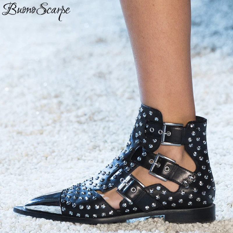 

2019 Summer Women Rivet Ankle Boots Belt Buckle Cut Out Black Short Boots Metal Pointed Toe Punk Style Fashion Brand Flat Shoes