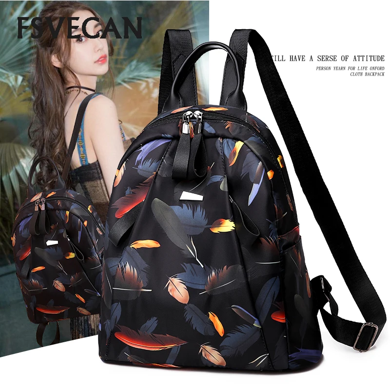 

2019 Women's backpack fashion waterproof travel shoulder school bag large capacity feather print ladies Oxford cloth backpacks