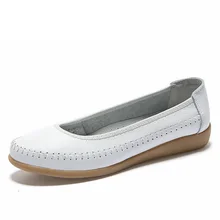 Genuine leather white nurse shoes woman solid color soft comfortable ballet flats flexible round toe work shoes 1519