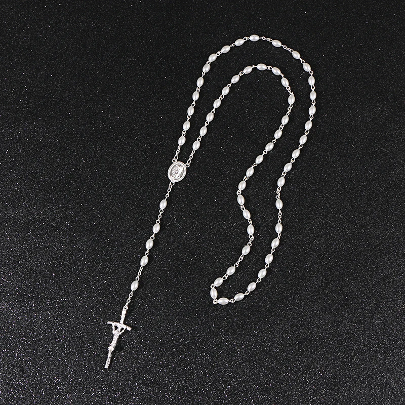 KOMi White Rosary Beads Cross Pendant Long Necklace For Women Men Catholic Christ Religious Jesus Jewelry Gift R-231