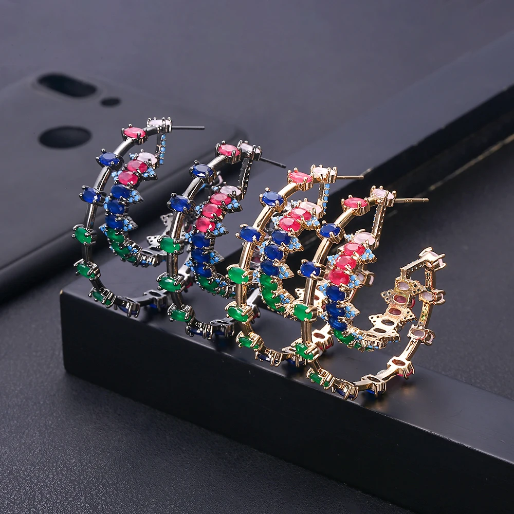 

jankelly Trendy American Cubic Zirconia Crystal MultiColored Big Hoop Earrings Circle Round Design Women Ear Jewelry
