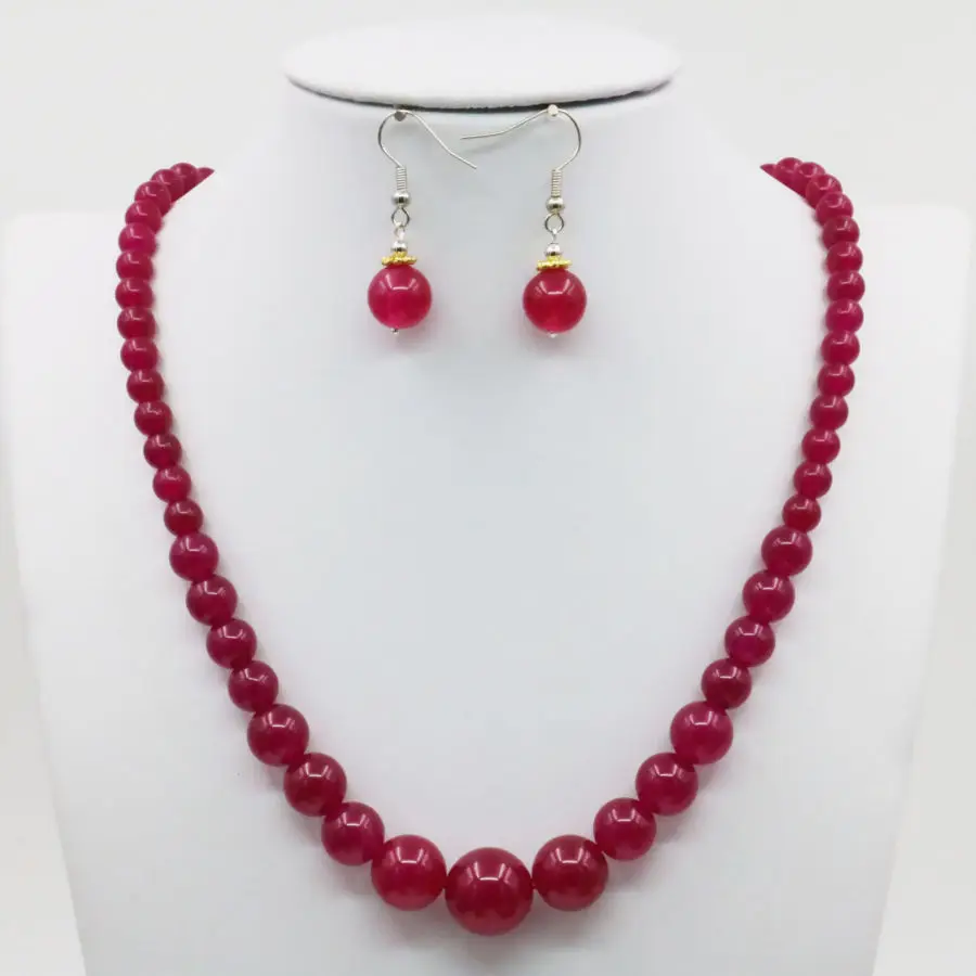 

New arrival woman Rose color Stone 6-14mm Round beads Necklace Chain Earring Sets Jewelry Making Gifts Accessories 18inch