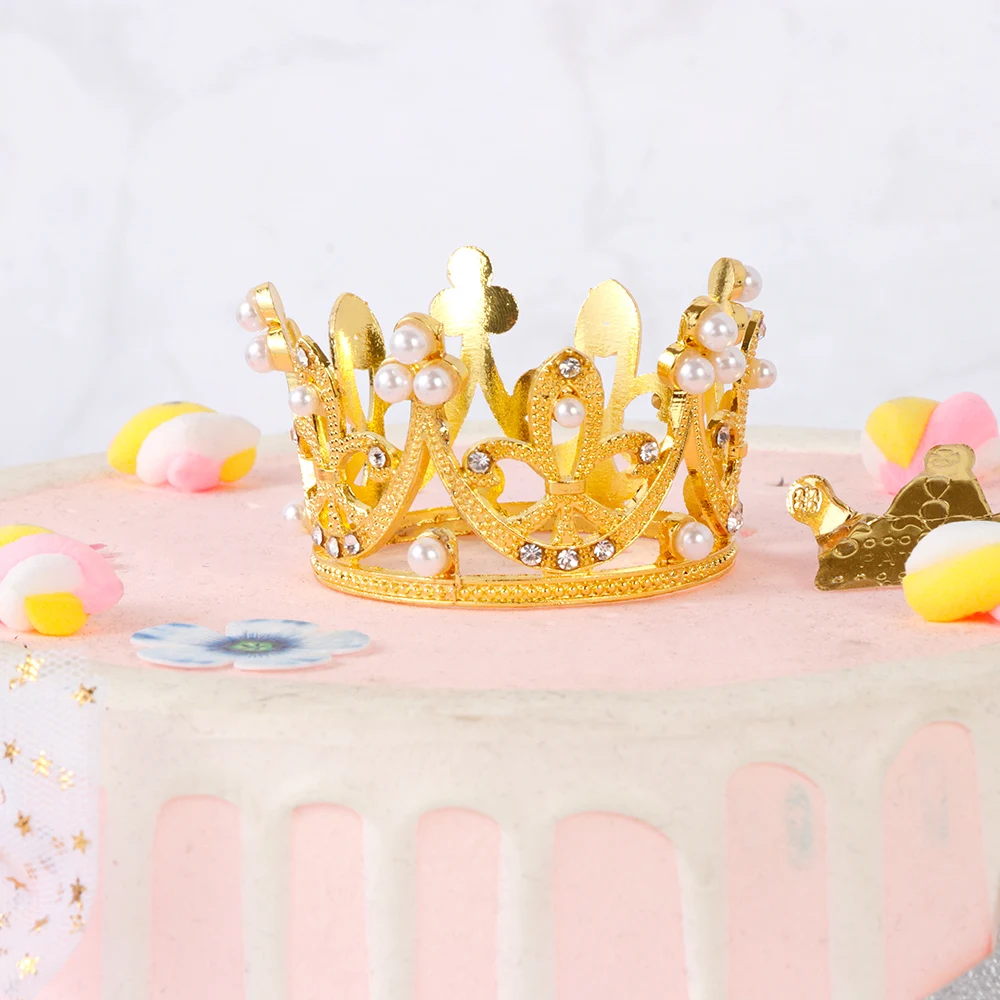 Shining Mini Metal Crown Pearl Birthday Topper Wedding Cake /& Engagement Decor