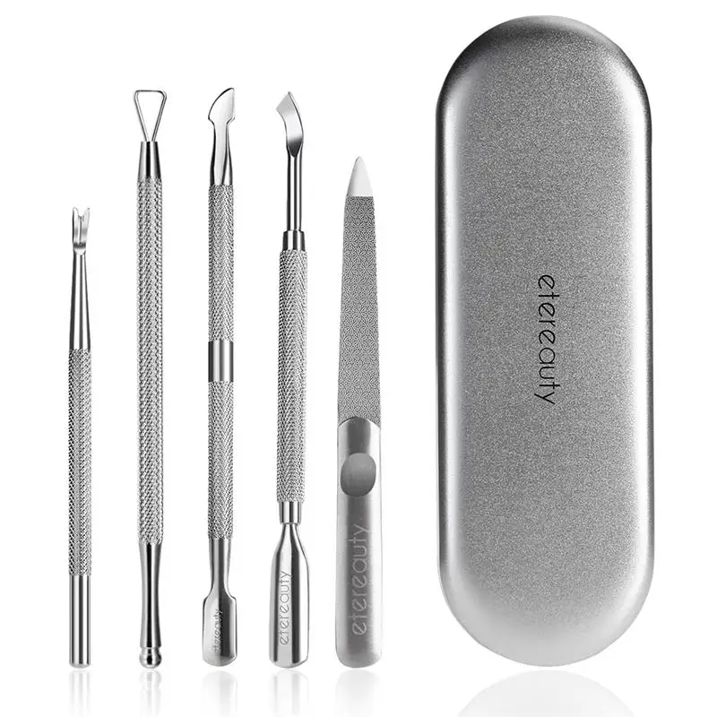 

5Pcs/Set Cuticle Pusher Remover Kit Stainless Steel Nail Trimmer Cleaner Scrapper Manicure And Pedicure Tools In Tin Box