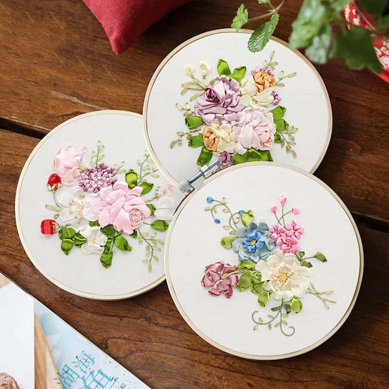

DIY Ribbon Flowers Embroidery Kits with Bamboo Hoop for Beginner Needlework Cross Stitch Set Handmade Art Craft Sewing Painting