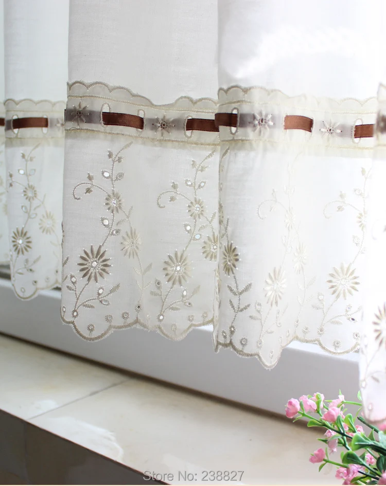 XinHuaEase Short Curtains for Kitchen Rural Flower Embroidery Tulle on the Window Home Decor Coffee Door Curtain Finished Drapes (1)