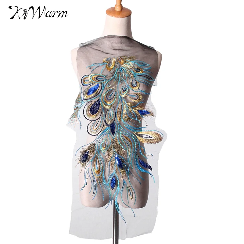 

KiWarm Embroidered Blue Sequins Peacock Feather Applique Patches Sew Trim for Women Dress Clothes Decor DIY Accessories 60X32cm