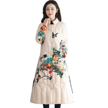 Женское зимнее пальто, утиный пух, теплая куртка,, Национальный стиль, винтажный принт, стоячий воротник, парка, длинный пуховик, пальто