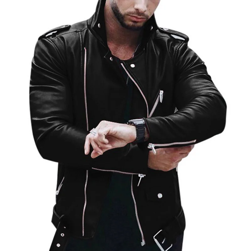 

Brand Plus Size Leather Jacket Men Autumn Fashion Long Sleeve Stand Collar Jacket Fashion Zipper Patchwork Faux Leather Coats