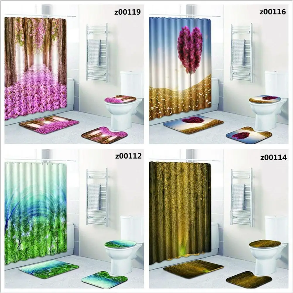 

4Pcs/Set 3D Forest Waterproof Shower Curtain Bathroom Landscape Trees Flower Bath Mat Set Pedestal Carpet Lid Toilet Cover