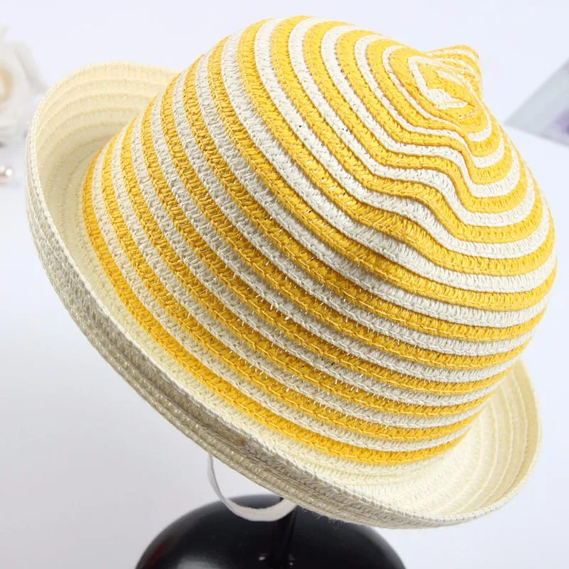 Новые милые детские соломенные шляпы с ушками, Панама для девочек и мальчиков, детская летняя шапочка, детская однотонная пляжная Панама, детская шляпа - Цвет: stripe yellow
