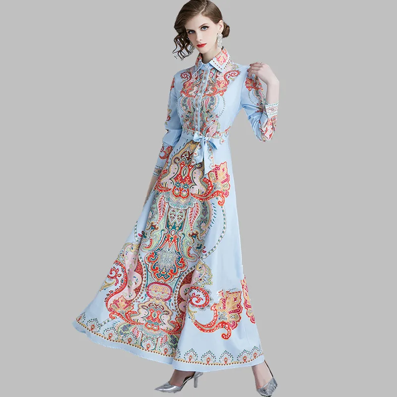 

HAMALIEL Designer Runway Long Women Dress 2019 Spring Sky Blue Turn Down Collar Print Dresses Elegant Floral Sashes Maxi Dress