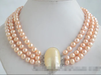 

FREE SHIPPING hot sale~~~~~3strands 9mm round pink freshwater pearl necklace mabe clasp