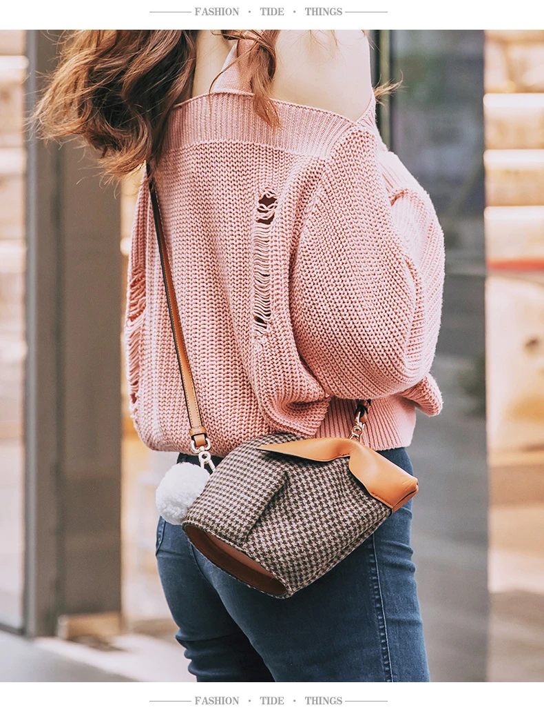 

Fashion Ladies ShoulderBag High Quality Wool Plaid Brand Designer Shoulder Houndstooth Rabbit Genuiner Leather Messenger Bag