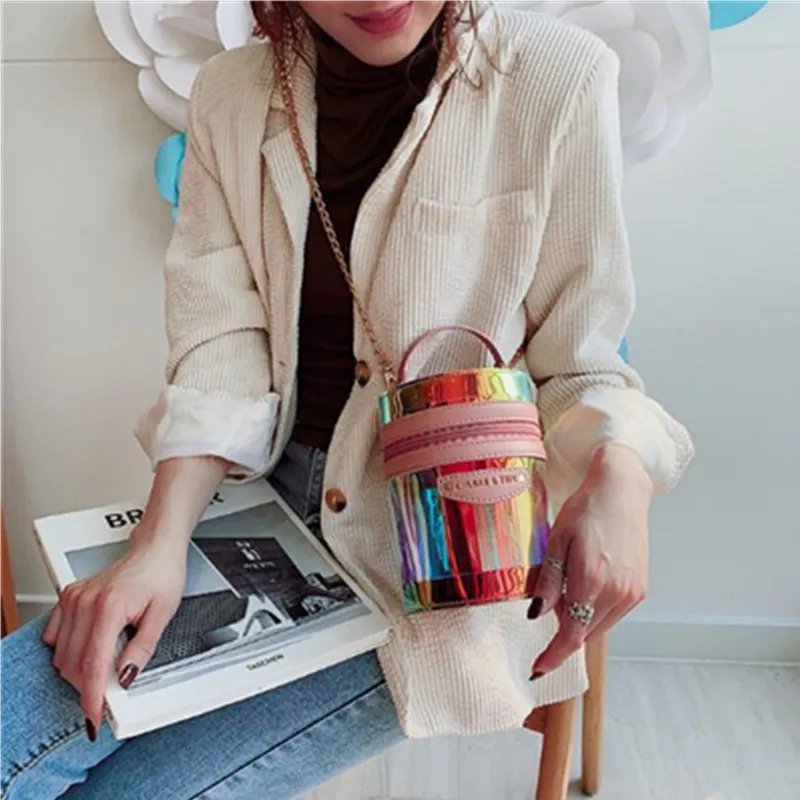 

2019 new Summer Fashion Color pu Cylindrical Ladies Casual Totes Chain Purse Shoulder Bag Mini Messenger Bag phone coin purse
