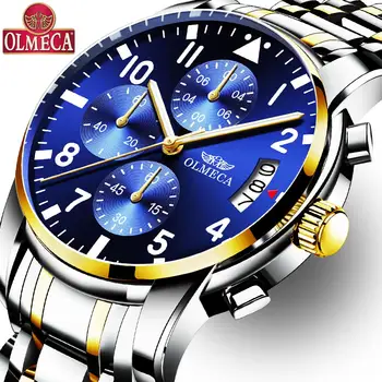 

OLMECA Men's Casual Wrist Quartz Watches Luminous Chronograph Waterproof Dress Luxury Watch-Gold Blue Dial Relogio Masculino