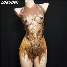 Women Sexy Bar Stage Performance Costume Gold Rhinestones Tassel Backless Bodysuit Nightclub DJ Singer Dance Latin Show Jumpsuit yellow tiger pattern printed sexy jumpsuit skinny leggings rompers nigthclub singer dancer performance stage show nude costume