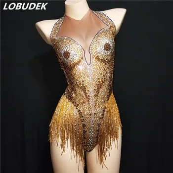 Women Sexy Bar Stage Performance Costume Gold Rhinestones Tassel Backless Bodysuit Nightclub DJ Singer Dance Latin Show Jumpsuit yellow tiger pattern printed sexy jumpsuit skinny leggings rompers nigthclub singer dancer performance stage show nude costume